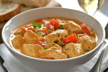 Bowl of Hungarian paprika chicken with vegetables in creamy broth. Concept of comfort food, highlighting Hungarian paprika chicken served with white wine and bread. Chicken Paprikash.