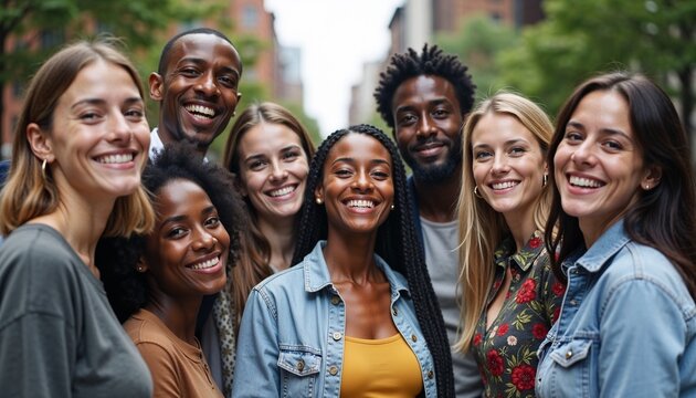 Group of eight happy diverse young adult friends showing camaraderie standing together against a blurred city background