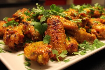 Fototapeta premium Appetizing close up of golden fried chicken wings garnished with fresh cilantro on a white plate perfect for culinary blog or restaurant menu