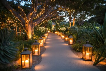 Fototapeta premium A dreamy outdoor scene features a pathway lined with lanterns and trees adorned with twinkling lights, creating a warm and inviting atmosphere.