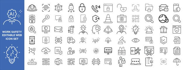 Work Safety editable stroke outline web icons set. Safety first, hazard, protection, health, insurance, regulations, helmet and work. Vector illustration