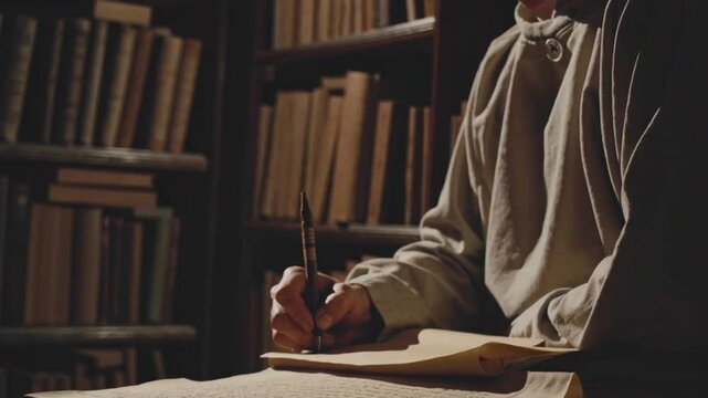 scribe writing royal decrees by candlelight in a stone chamber