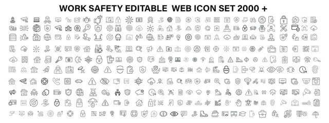 Work Safety editable stroke outline web icons set. Safety first, hazard, protection, health, insurance, regulations, helmet and work. Vector illustration