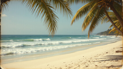Fototapeta premium Rolling waves break softly on a wide, level beach composed of ivory colored sand. Mature palm trees frame the view, their leaves rustling in the tropical breeze
