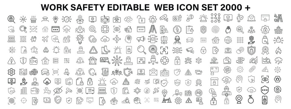 Work Safety editable stroke outline web icons set. Safety first, hazard, protection, health, insurance, regulations, helmet and work. Vector illustration