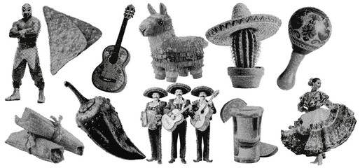 Set of mexican cinco de mayo halftone grunge vector design elements