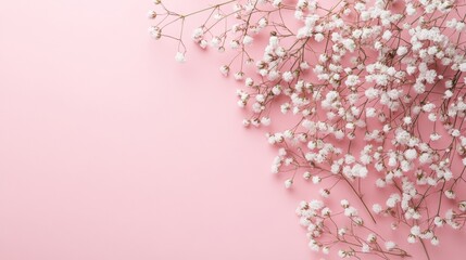 Fototapeta premium Delicate white flowers on a soft pink background create an elegant design for romantic themes, weddings, or beauty products. Ideal for personal or commercial use, it adds sophistication.