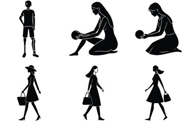 Vector silhouettes of people set features a black silhouette illustration of a woman, including a figure with a gun, showcasing fashion and action styles