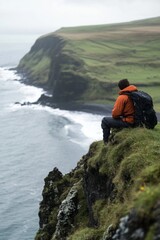 Fototapeta premium Adventure Traveler Overlooking Scenic Coastal Cliffs and Ocean View.