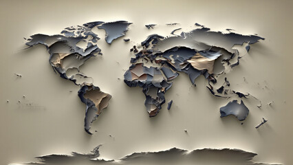 A world mapping design where shades gradate. The artwork creates an illusion of curvature, making the map seem almost spherical despite its flat representation.