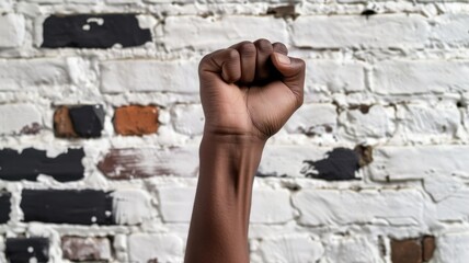 Picture of person raise hand in revolution to change society or celebration for successful goal. Woke activist protest for justice in political policy. Fighting of protester against injustice . AIG53.