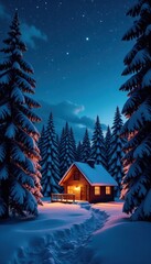 Fototapeta premium Cozy Cabin in Snowy Forest under Starry Night Sky, wooden, cabin, snowy