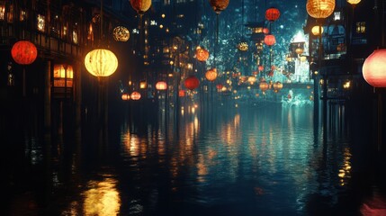 Obraz premium Mystical lantern festival reflecting on the shimmering waters of a serene canal