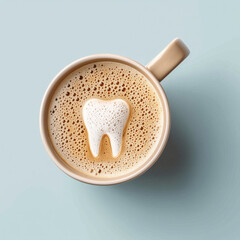 A coffee cup shaped like a tooth with coffee foam on top, symbolizing how coffee stains teeth. The creative concept blends dental awareness with everyday habits in a fun and eye-catching way.