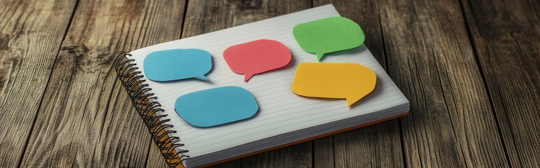Notebook with speech bubbles floating around it, debating its own content 