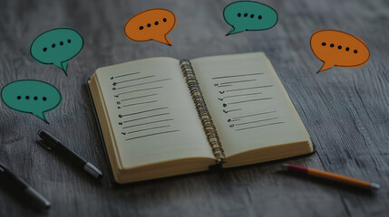 Notebook with speech bubbles floating around it, debating its own content 