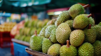 Fototapeta premium Pile of fresh green durian fruits at a market stall in Asia vibrant colors and spiky texture delicious tropical fruit close up shot with shallow depth of field