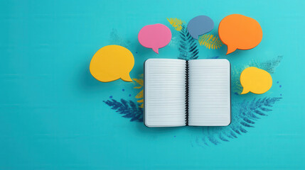 Notebook with speech bubbles floating around it, debating its own content 