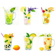 Assorted colorful summer cocktails with fruit, lemon and herbs composition in artistic style, refreshing cool beverages for summer holidays transparent png clipart