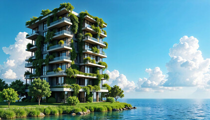 Environment friendly cityscape aerial view with tall buildings, roads and highways covered in trees and plants, ESG concept and clean sky
