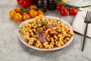 Italian pasta cellentani with anchovy
