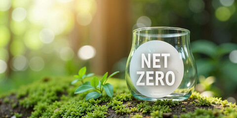 Planet earth inside of glass bottle and NET ZERO text on round wooden blocks over green nature background, NET ZER concept of environmental, social and corporate governance impact investing.