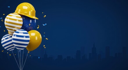 Labour Day celebration with balloons in work-related colors and a yellow hard hat