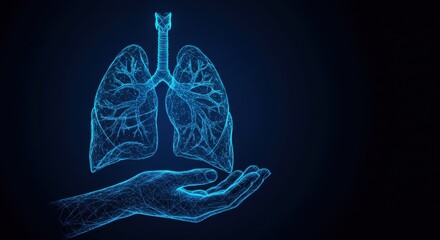 Glowing blue wireframe lungs hover above a matching hand against a dark background, a digital representation of care