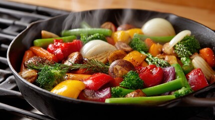 Colorful Fresh Vegetables Cooking in a Cast Iron Pan on a Stove with Steam Rising
