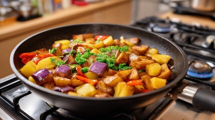 Colorful Stir-Fried Vegetables in Skillet on Gas Stove in Modern Kitchen
