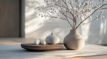 Minimalist Still Life with Flowers and Vases in Soft Light