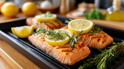 Grilled Salmon Fillet with Lemon and Herbs on Cooking Tray Ready for Serving