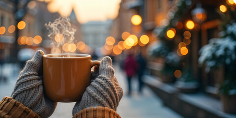 Warm coffee cup held by person in cozy winter gloves in snow-covered outdoor setting