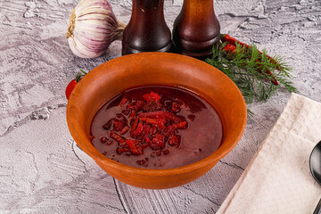 Homemade red soup Borsch with cabbage
