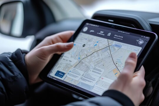 A dashboard shows real-time delivery updates on a tablet. A staff member taps through locations and times. The mood is smart and efficient - Powered by Adobe