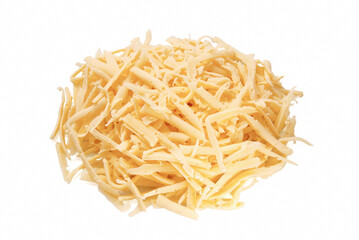 Heap of grated delicious cheese on white background