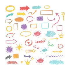 Collection of colorful hand drawn doodle elements including arrows, speech bubbles, basic shapes, stars, hearts and clouds, isolated sketchy vector graphic illustration set for design