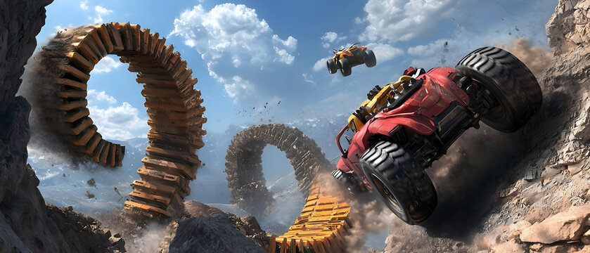 Off-road vehicle racing through a mountainous, spiraling track