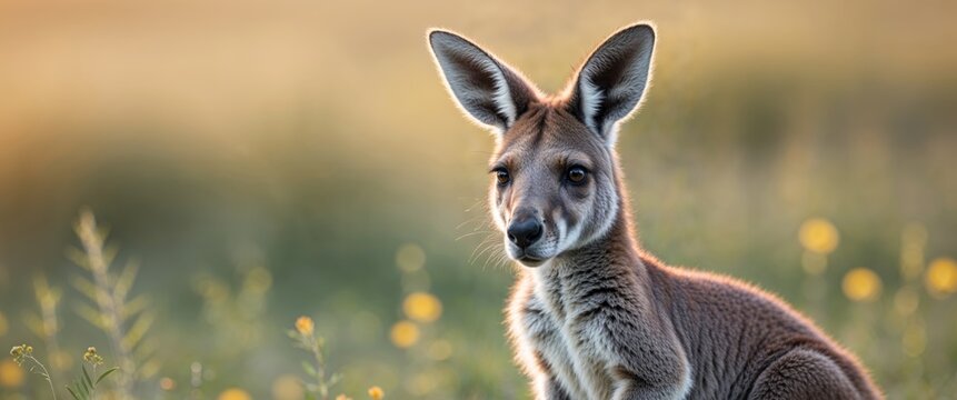 Kangaroo enjoys a sunny afternoon in a lush meadow at dusk.