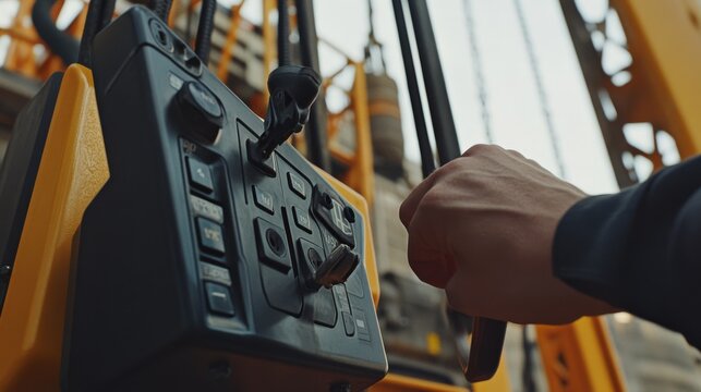 Crane operator adjusting controls while lifting heavy materials. Featuring precision and focus
