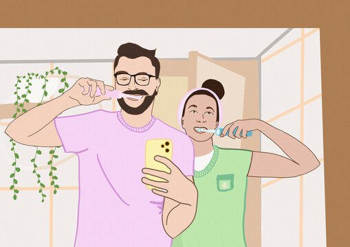 Illustration of a couple brushing their teeth at home, looking at each other in the mirror.
