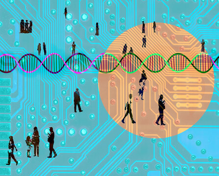 Abstract representation of society and technology with silhouettes and DNA helix