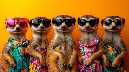 Meerkat fashion group wearing sunglasses and hawaiian shirts