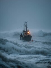 Obraz premium Fishing Boat Navigating Rough Seas at Dusk Moody Maritime Scene with Waves and Fog Cinematic Seascape