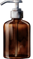 Watercolor style amber glass bottle with silver pump dispenser on a transparent background.