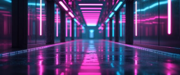 Fototapeta premium Futuristic Neon Corridor Pink and Blue Glowing Lights Reflect on Dark Floor