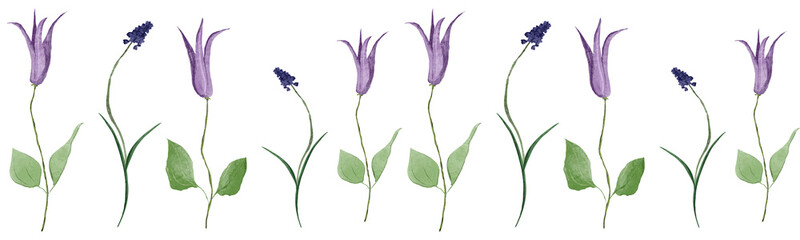 Floral border with delicate purple spring flowers, including bellflowers and muscari. Hand-drawn digital watercolor illustration with soft textures. Ideal for wedding, packaging, and invitations