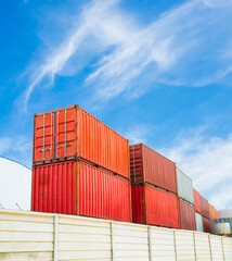 Fototapeta premium Cargo ship container goods export import international transport on blue sky background, warehouse industry business logistics transportation harbor port industrial shipping terminal cargo ship.