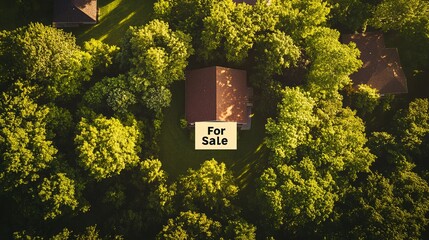 Modern suburban house with for sale sign in front yard, aerial top down view of residential property surrounded by trees and greenery. Real estate and home ownership concept.