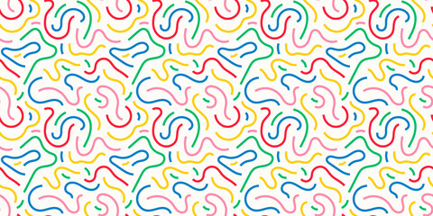 Fun colorful line doodle seamless pattern. Creative abstract squiggle style drawing background for children or trendy design with basic shapes. Simple childish scribble wallpaper print. 